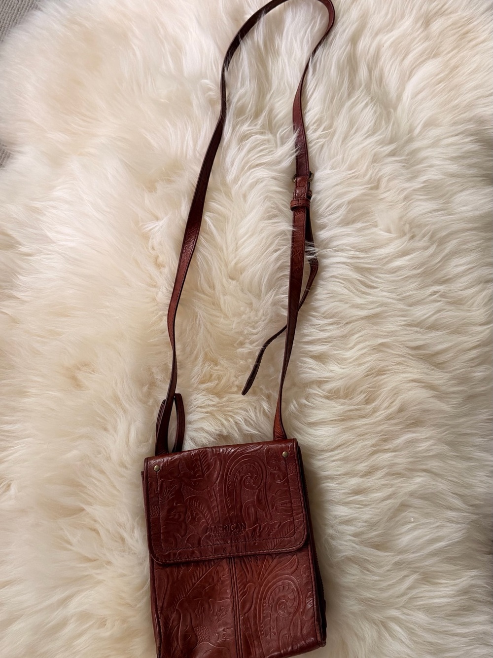 Tooled Leather Brown Crossbody Bag with Adjustable Strap
